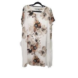 Susan Graver White Floral 2 pc. Tank Sheer Rhinestone Embellished Tunic Women L